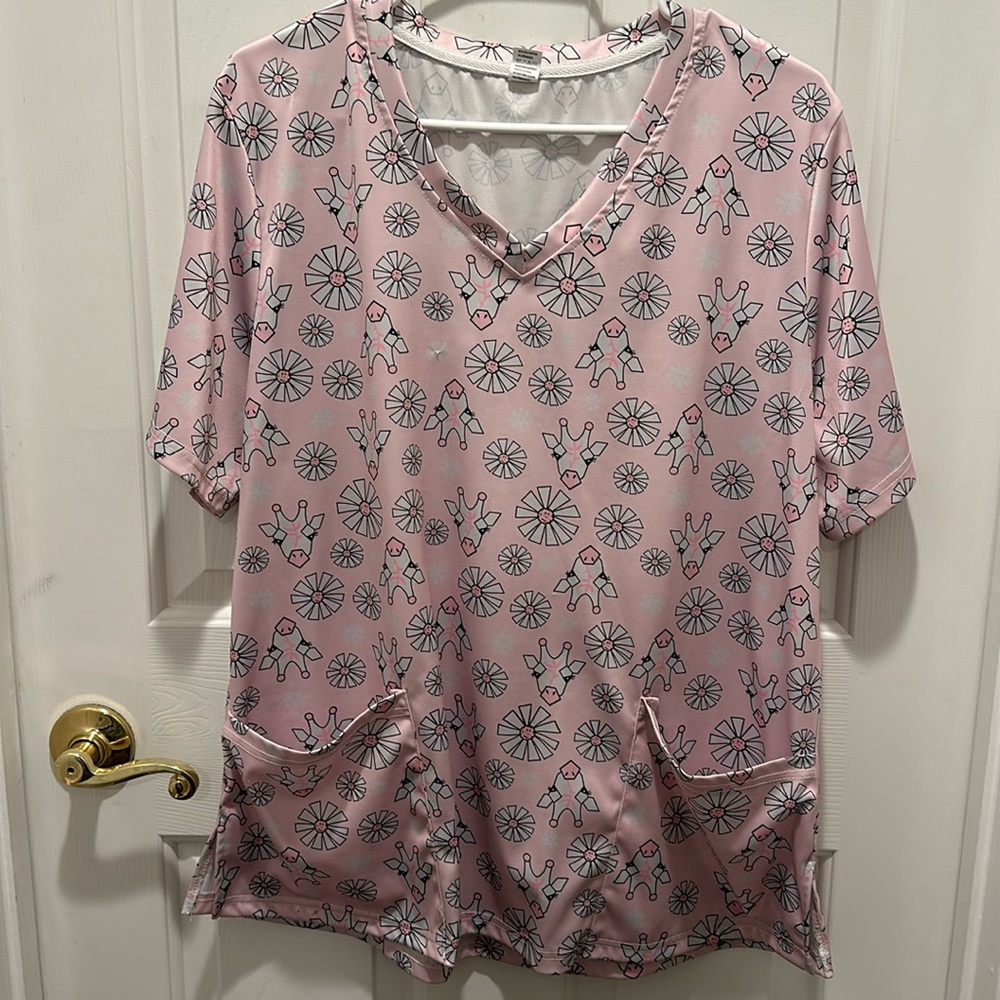 Pink Giraffe and Flowers Scrub Top